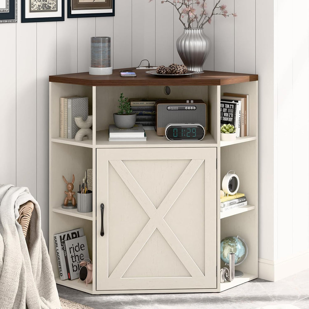 Vabches Corner Cabinet, Farmhouse Corner Storage Shelf, Off White