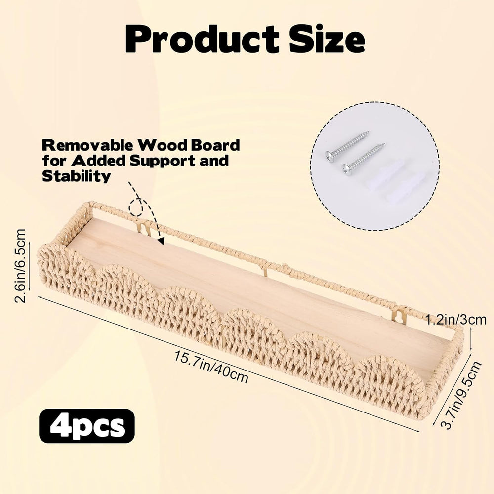 4 Pcs Scalloped Floating Shelves, Artisanal Natural Rattan Scalloped Book She...