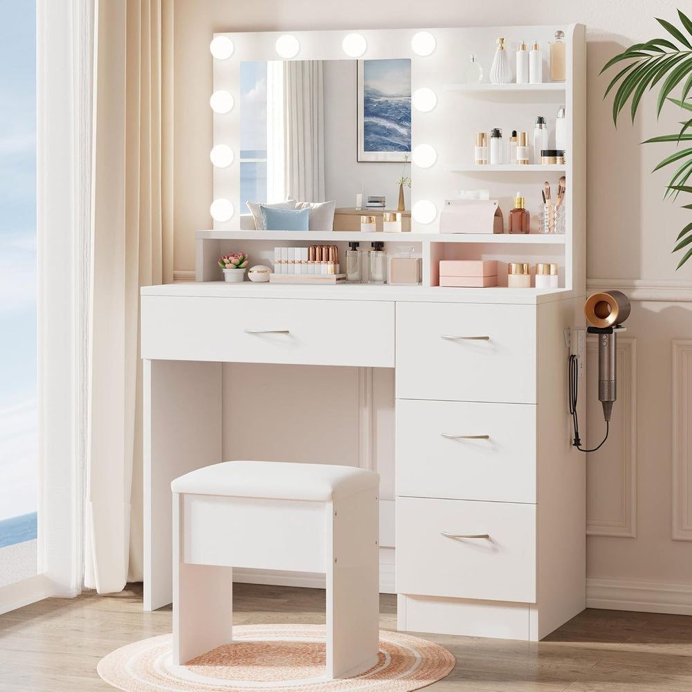 LIVELYGLOW White Makeup Vanity Desk with Charging Station & 4 Drawers | 1...