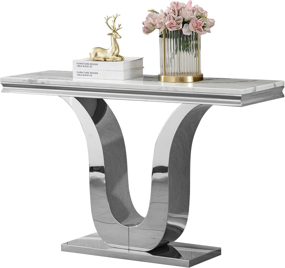 SSLine Modern White Faux Marble Console Table Luxury Entryway Table with Silv...