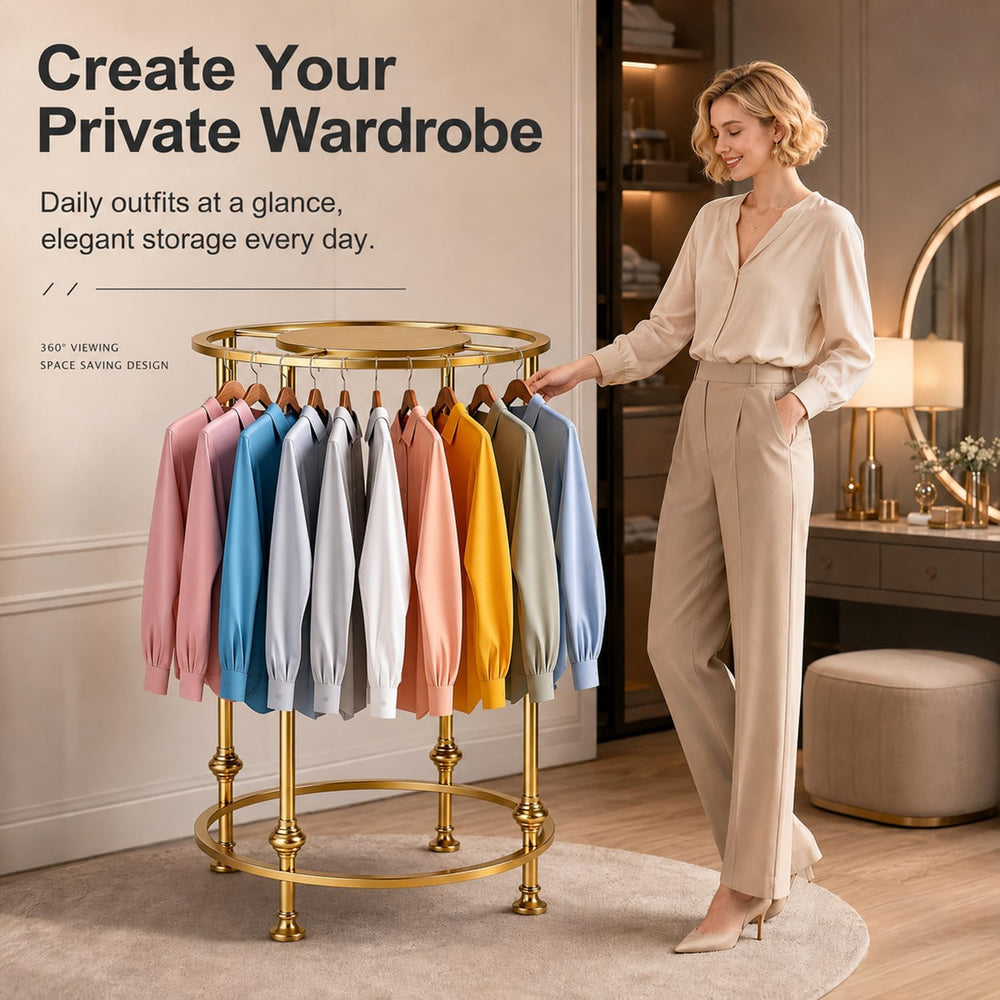Round Garment Rack for Retail Display - Heavy Duty Metal Clothing Rack Gold