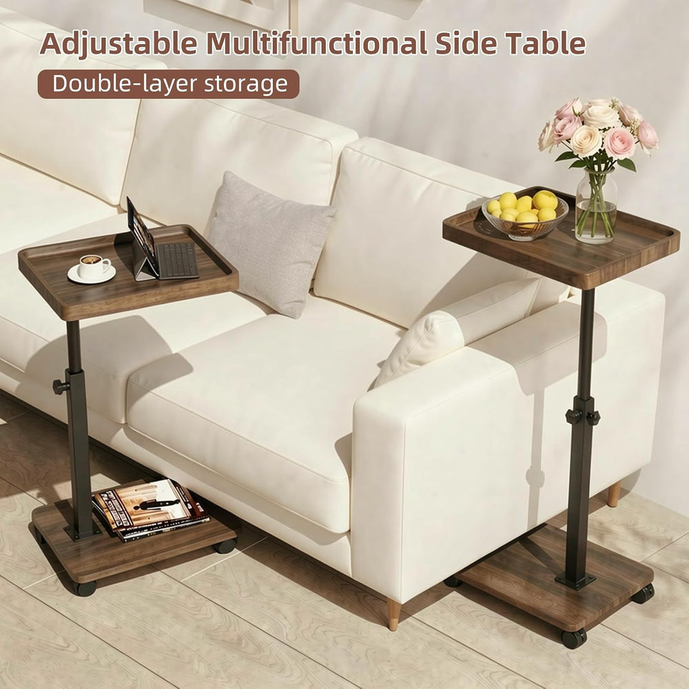 TV Tray Table with Wheels, 360° Swivel C Shaped, Walnut