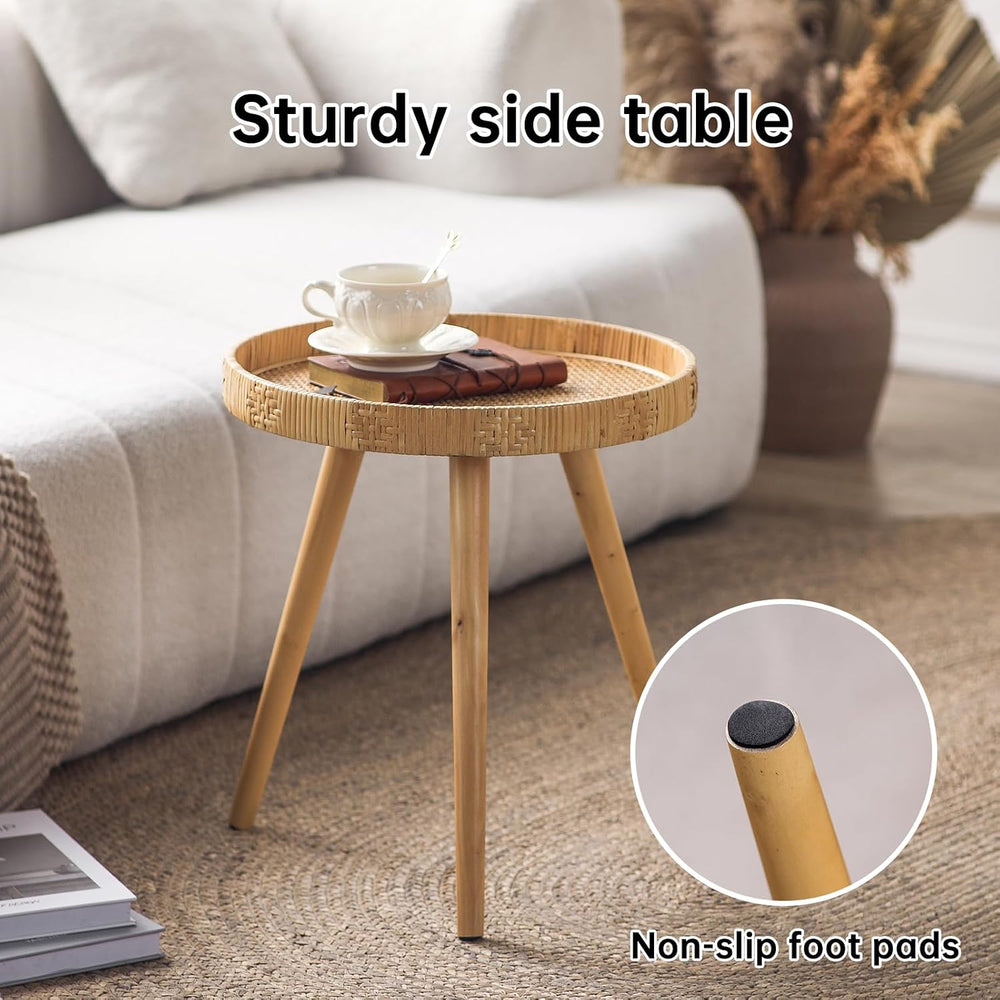 Round Side Table, Boho Circle End Table Coffee Table with Solid Wood Leg, Rat...