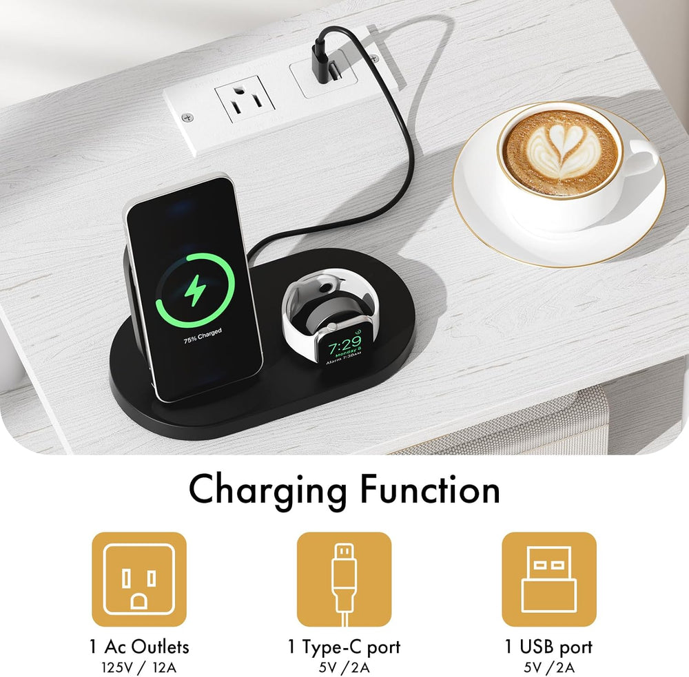 Bedroom Nightstand with Charging Station, Bedside Table with Adjustable Fabri...