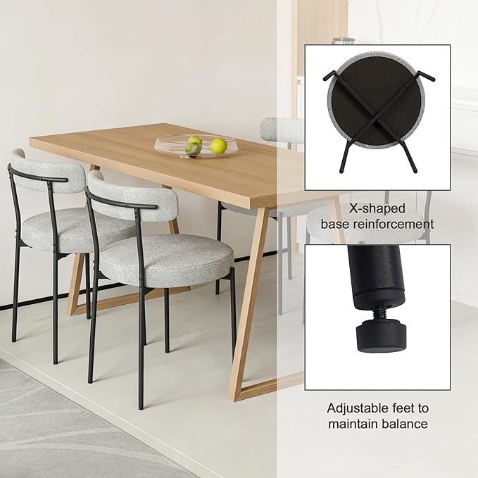Boucle Dining Chairs Set of 2, Round Kitchen Chairs with Curved Backrest and ...
