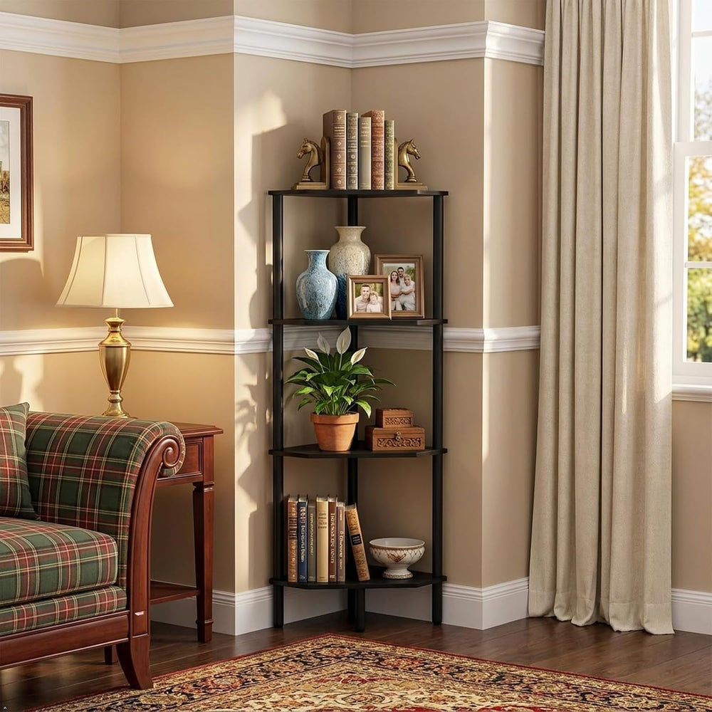 Corner Shelf Stand, 4 Tier Corner Bookshelf, Bamboo Storage Standing Shelf Un...