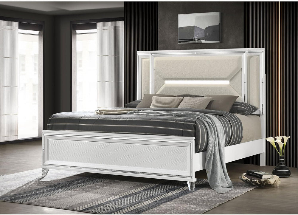 HomeStock Panel Bed with LED Headboard, 64 Inch, White Upholstery - Modern Be...