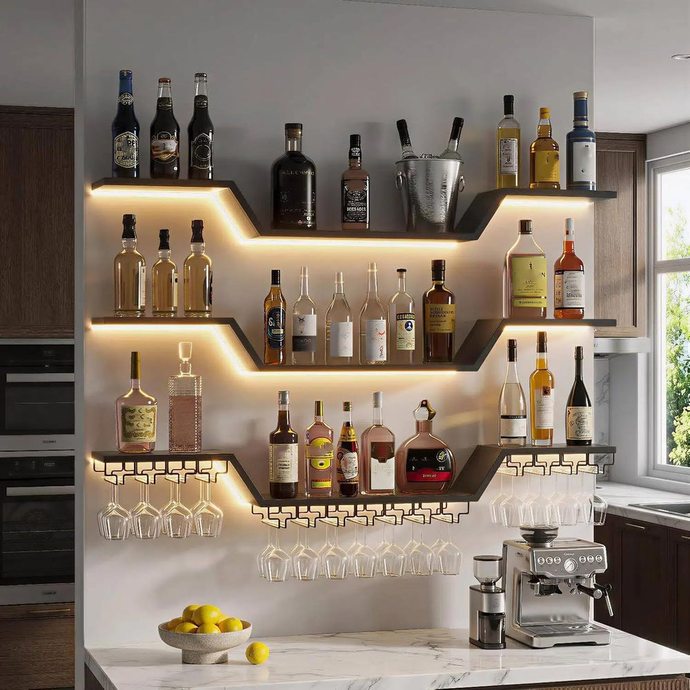 Wall Mounted Wine Rack with LED Lights | 3-Tier Floating Bar Shelves, Hanging...
