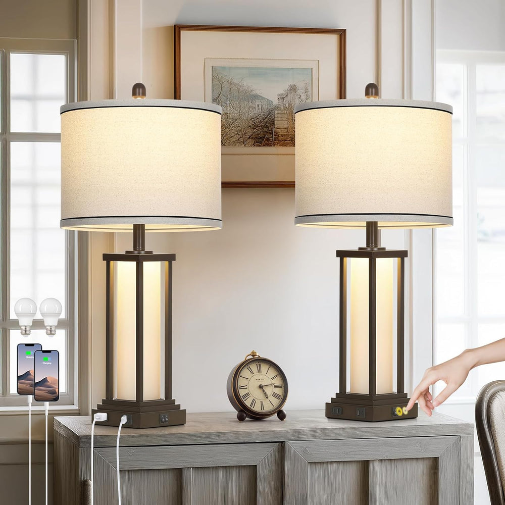 27in Tall Farmhouse Table Lamp Set of 2 with USB C+A & Outlet,Brown Indus...