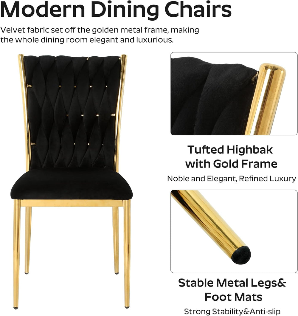 Modern Dining Chairs Set of 4, Black Velvet Woven Kitchen Chair with Golden M...