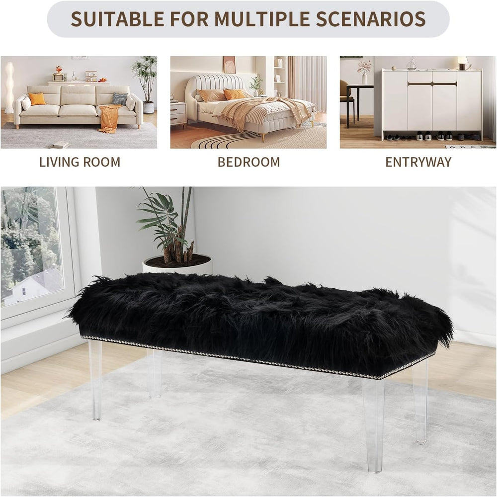 Modern Black Faux Fur Ottoman Bench - Upholstered Furry Bench with Acrylic Le...