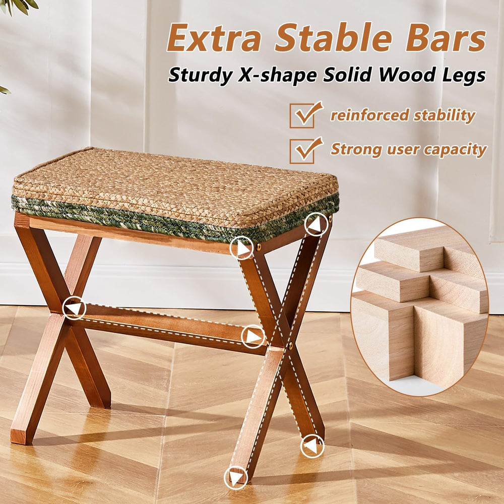 Natural Seagrass Ottoman Footstool with Solid Wood Legs – Handwoven Rectangul...