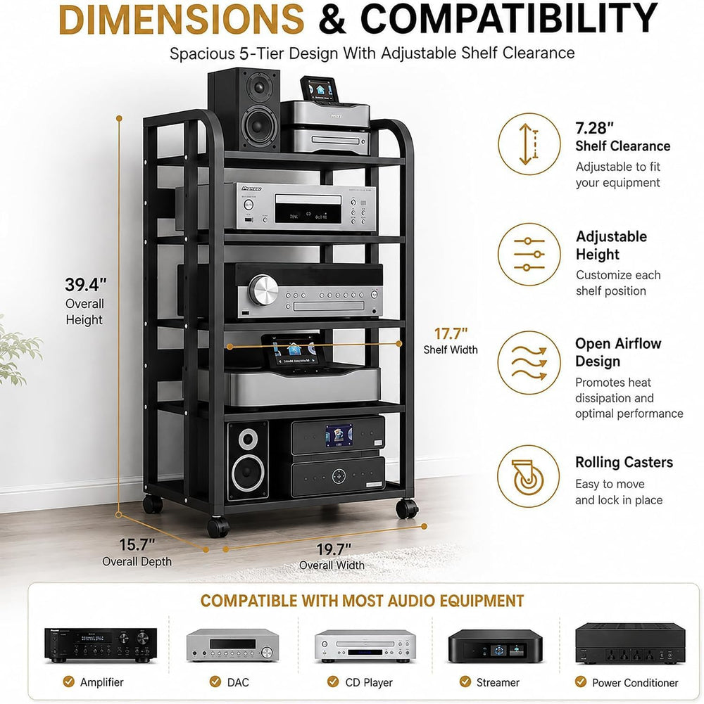 5 Tier Av Media Stand with Wheels, 39in Adjustable Audio Rack | Modern Stereo...