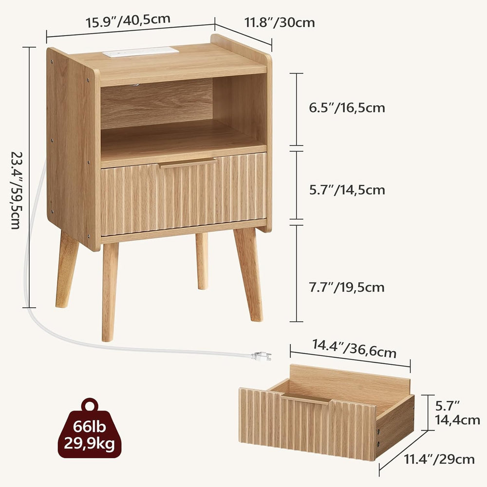 MAHANCRIS Natural Nightstand with Charging Station, Modern Bedside Table with...