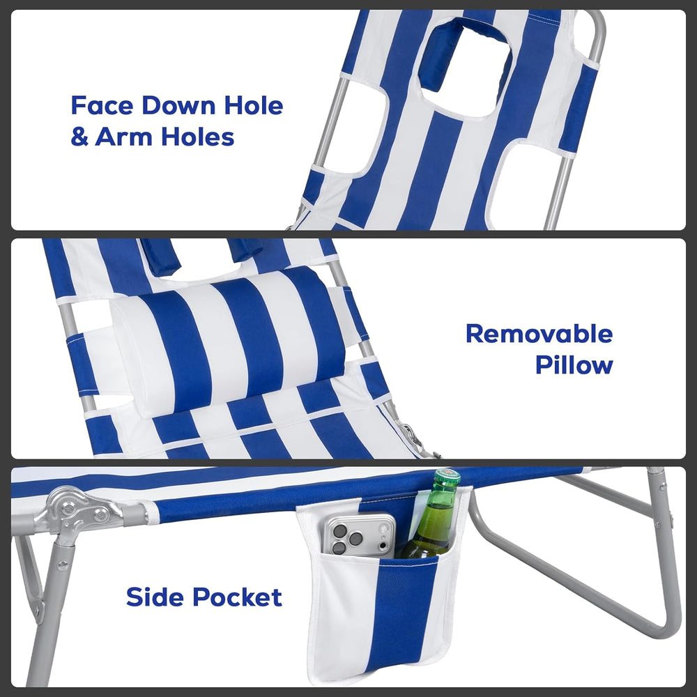 Romswi 2PK Folding Tanning Beach Chair with Face Hole, 5-Position Reclining S...