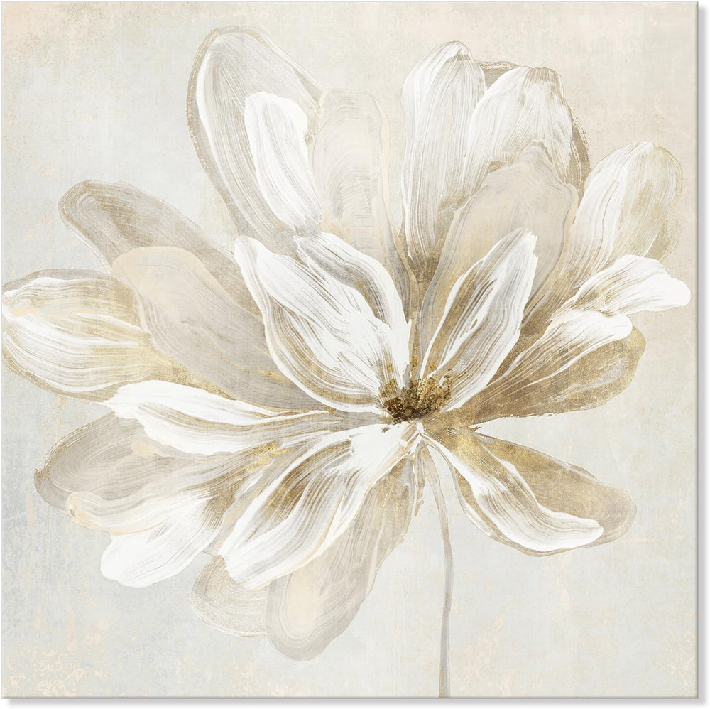 SEVEN WALL ARTS White Flower Wall Art Beige and Gold Blooming Flower Abstract...