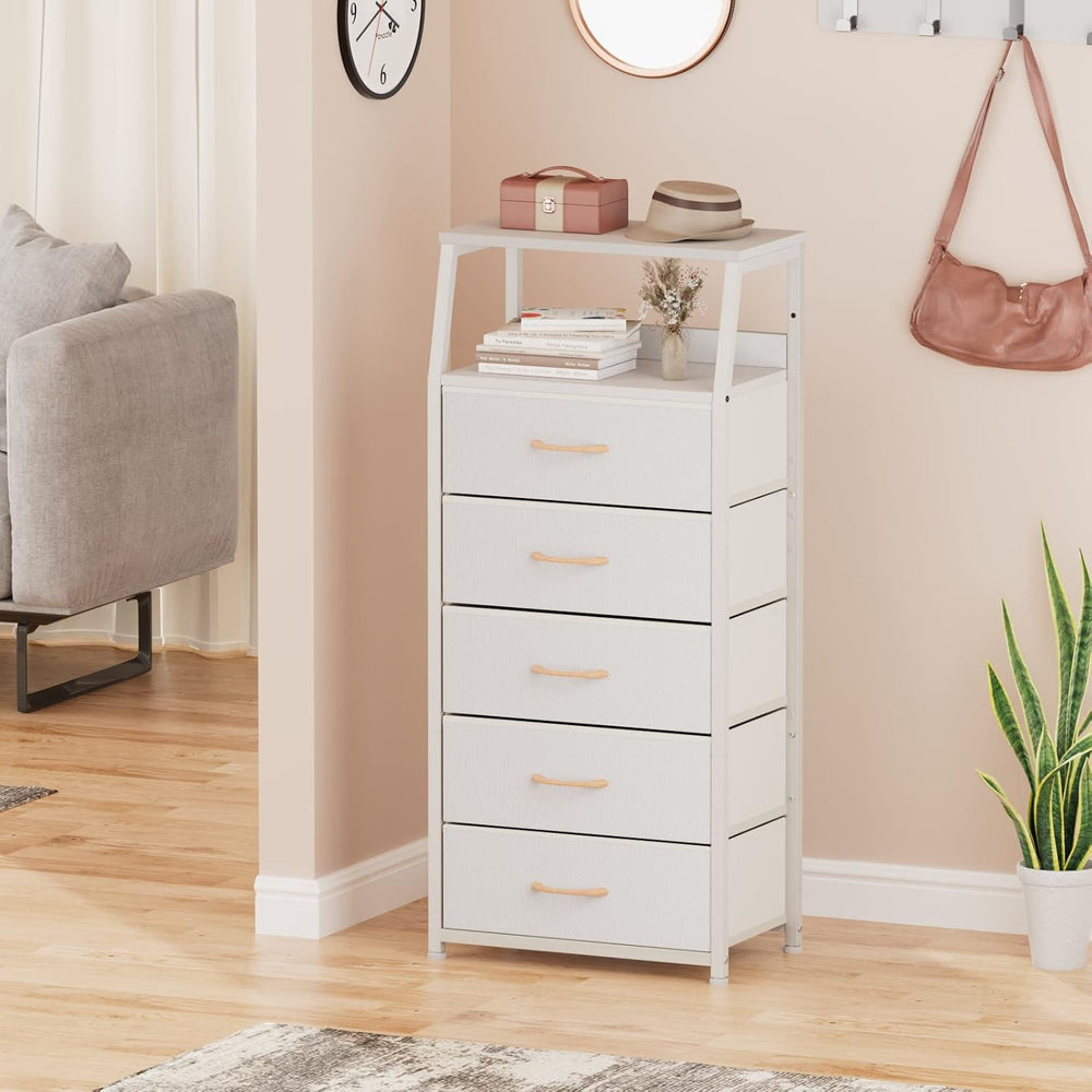 Furnulem White Tall Dresser for Bedroom, 5 Fabric Bins Tall Nightstand | Dorm...