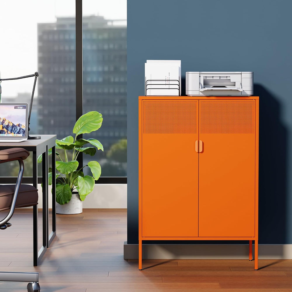 Orange 3 Tier Metal Storage Cabinet with Legs, 2 Door Metal Locker Style Acce...