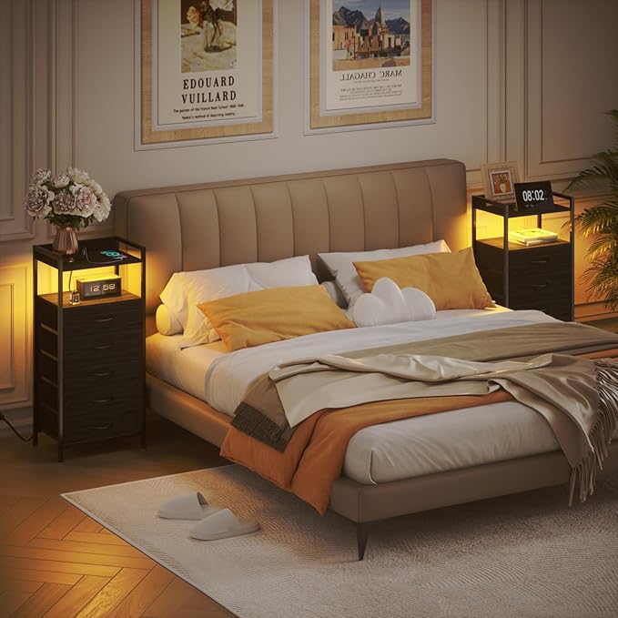 Furnulem Night Stand with Charging Station, Tall Black Dresser for Bedroom, N...