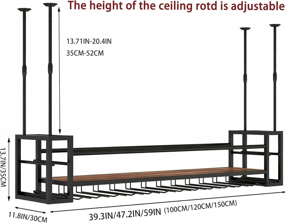 Industrial Ceiling Wine Rack with Glass Holder & Shelf – Height Adjustabl...