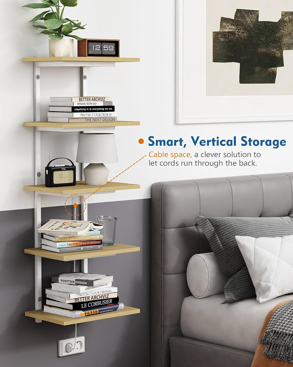 Harwaya White and Natural Tiered Wall Shelf Unit, 5 Tier Display Floating She...