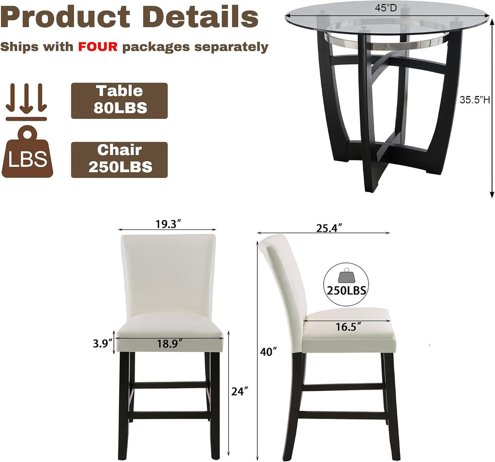 PADMA HOUSE Glass Pub Dining Set for 4, 45in Modern Round Wood Glass Counter ...