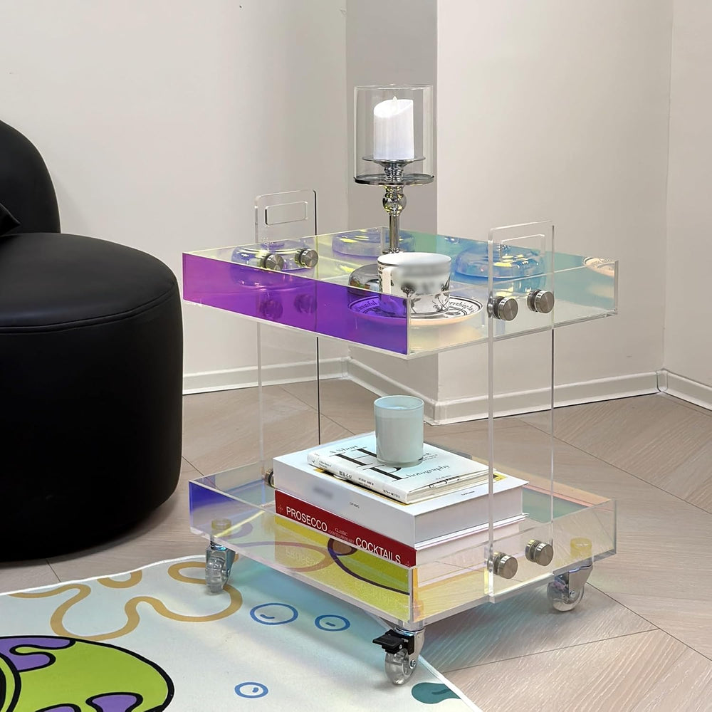 Acrylic End Table with Wheels, 2/3 Tiers Acrylic Bar Cart, Rolling Utility Ca...