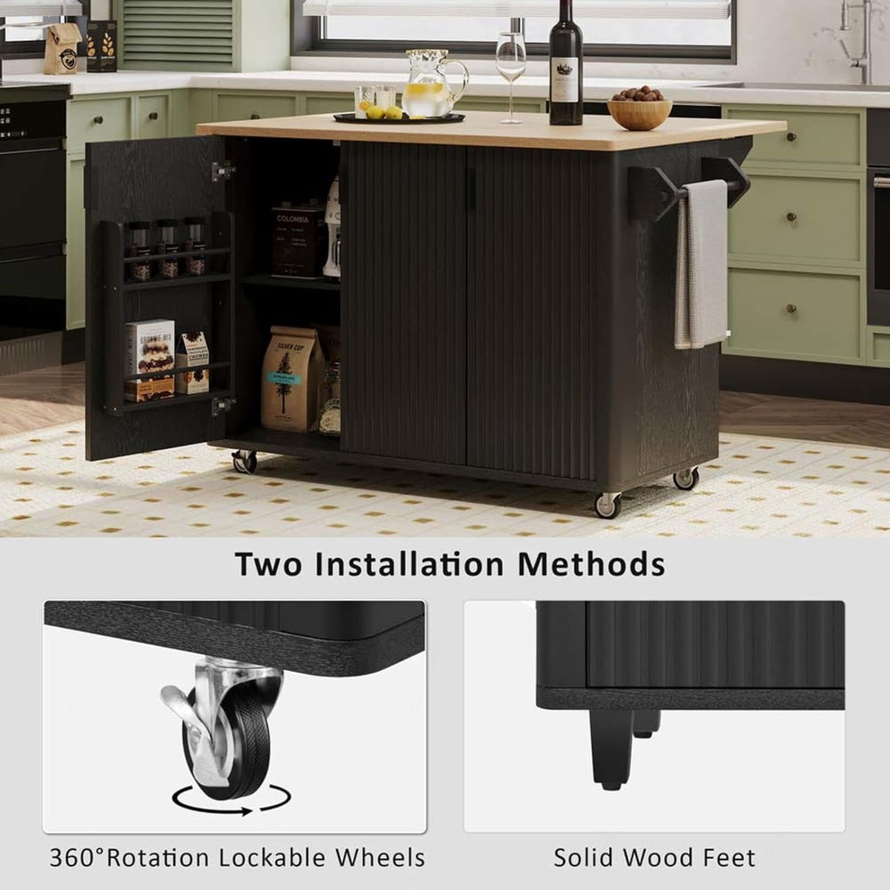Rolling Kitchen Island with Drop Leaf Height-Adjustable Shelves, Kitchen Isla...