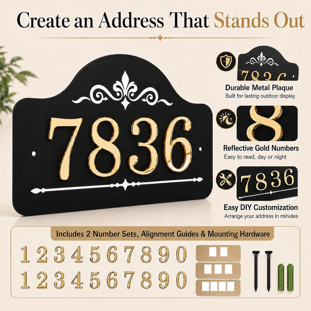 Metal House Number Sign with Mirror Gold Numbers, DIY Address Plaque