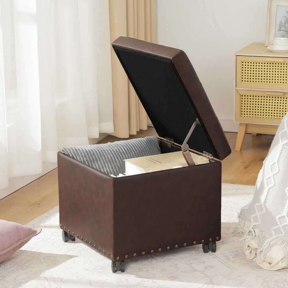 Adeco 16.7" H Brown Leather Storage Ottoman with 360 Caster Wheels, Squa...