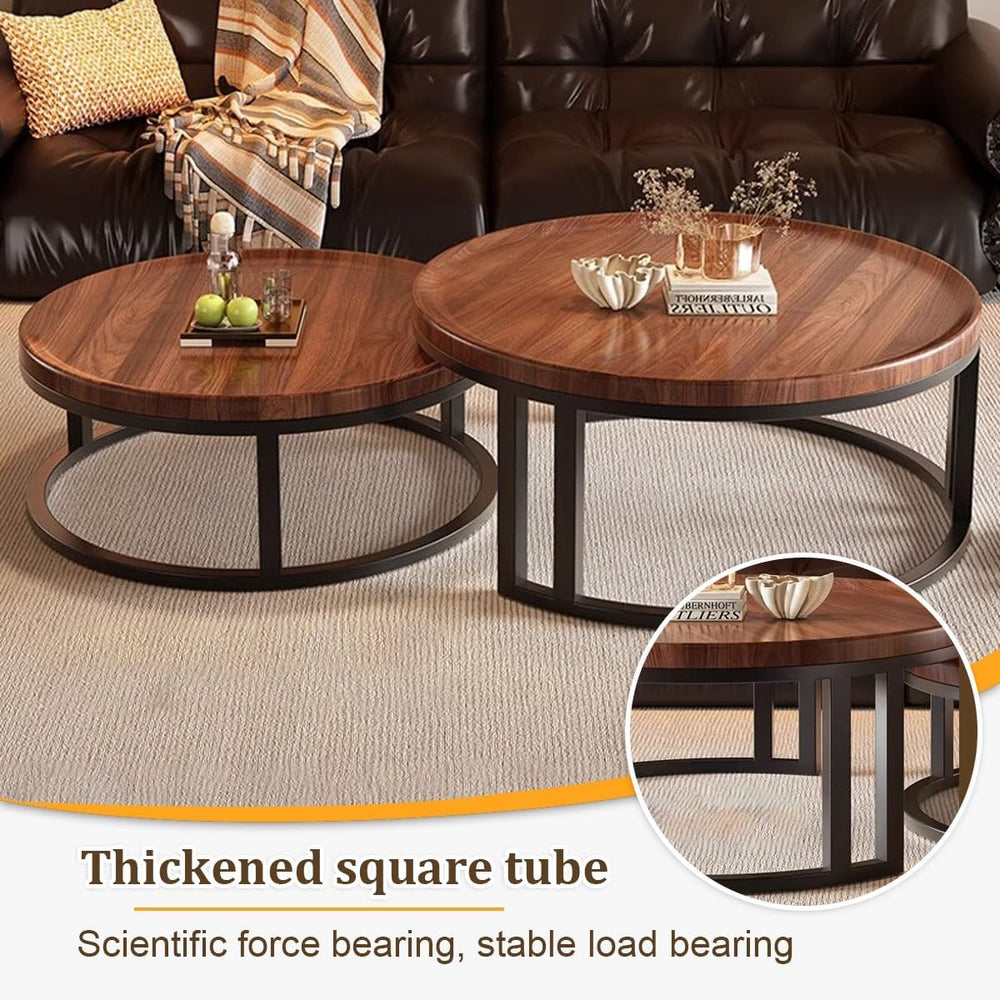 Modern Round Nesting Coffee Tables for Living Room, 2-Piece Set with Wood Top...