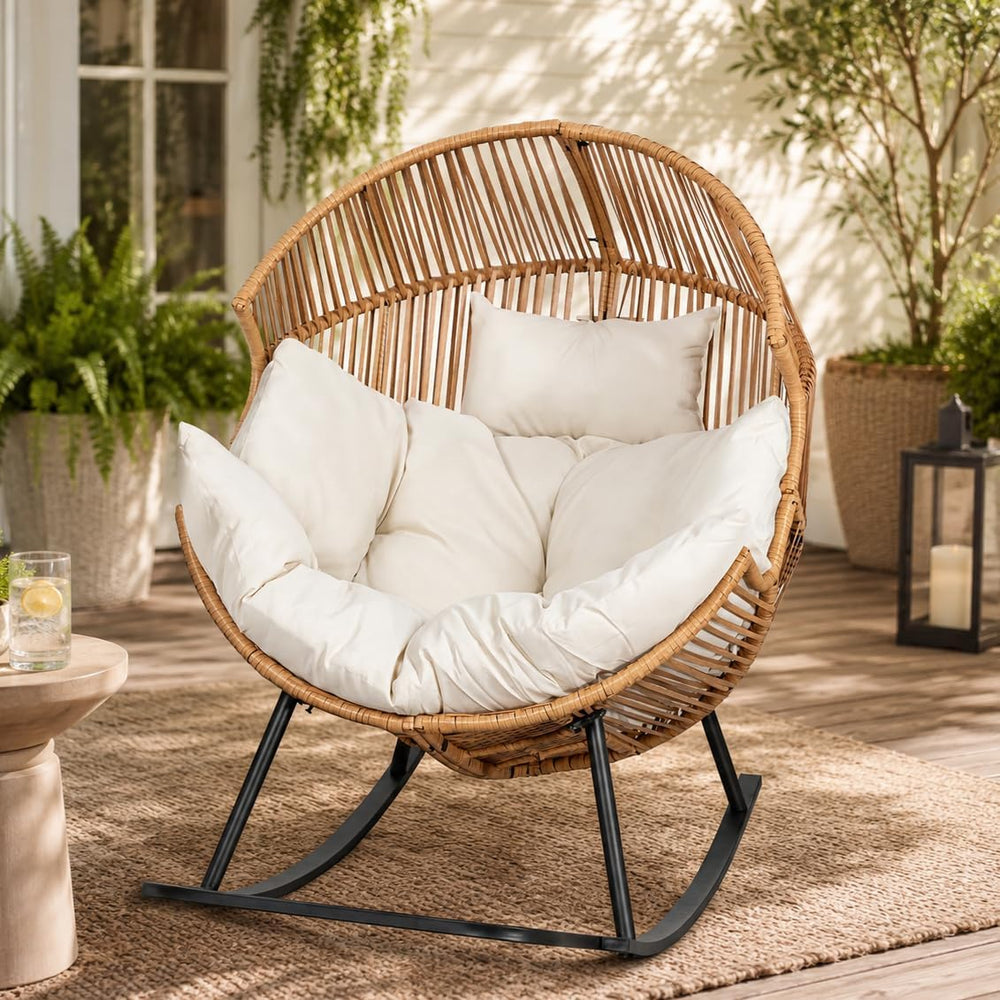 JAMFLY Egg Chair Rocking Chairs, Wicker Patio Chair Oversized Lounger Chair w...