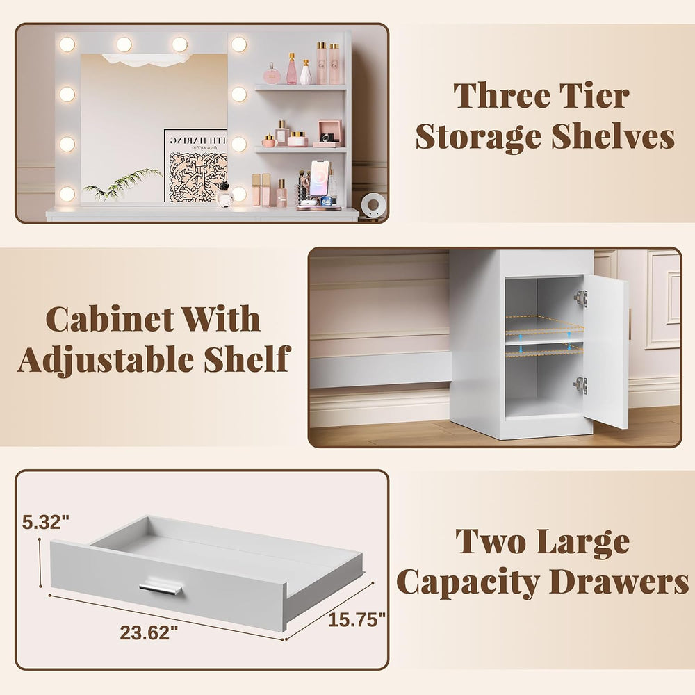 YESHOMY 35.4" Vanity Desk with Mirror & Lights, Power Outlet,Fresh W...