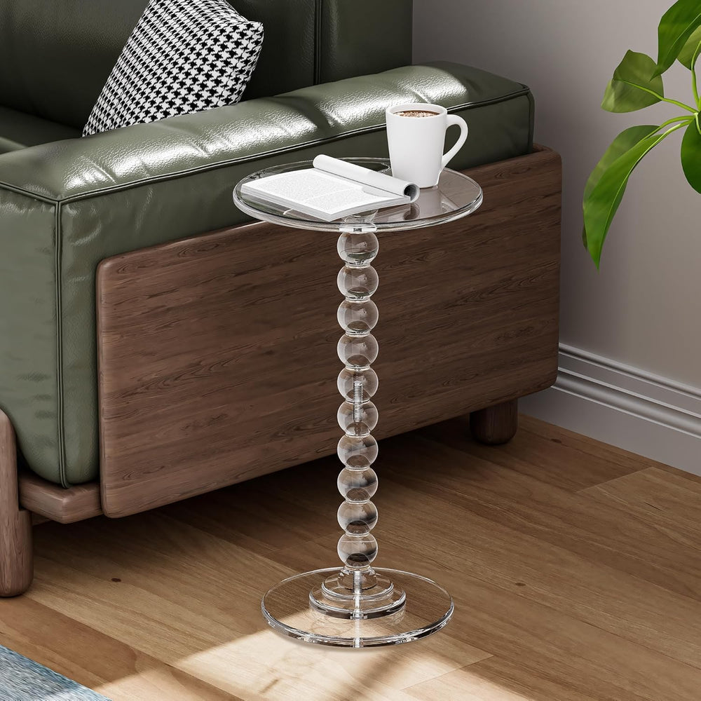 Acrylic Side Table, End Table Round Top with Solid Post for Living Room, Bedr...