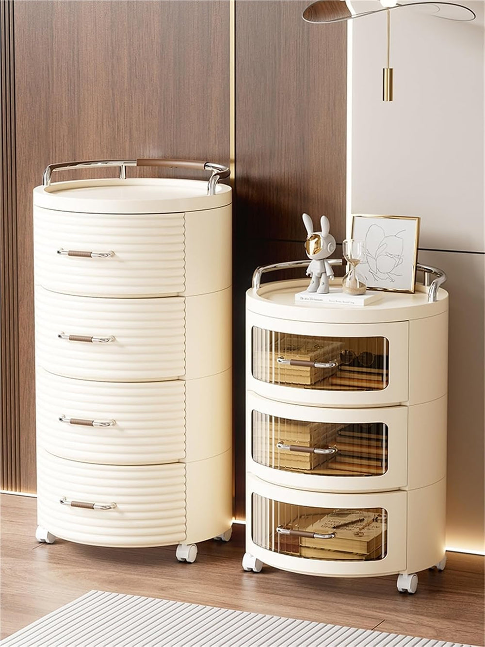Movable Drawer Style Storage Cabinet Multifunctional Round Bedside Table with...