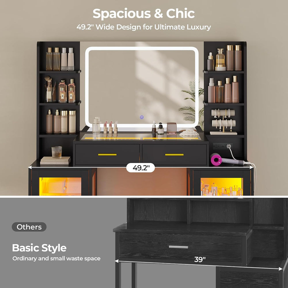 ADORNEVE Makeup Vanity with Mirror & Lights, Glass RGB Cabinets, Black | ...