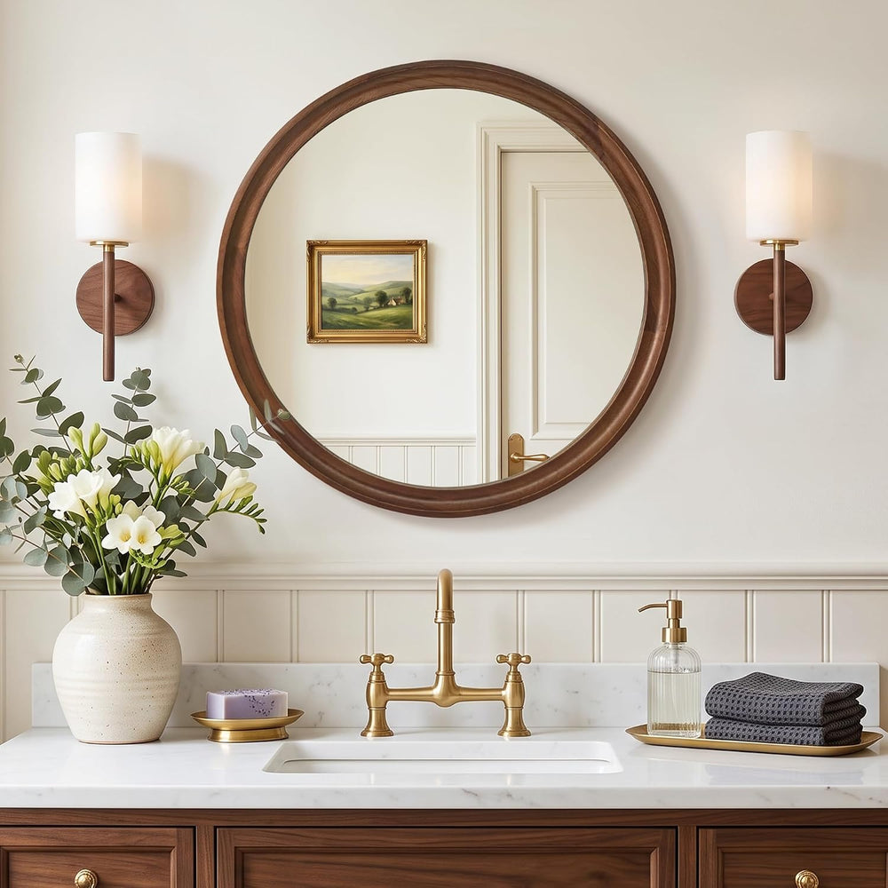FICTOR Round Wood Mirror, 24" Circle Mirrors for Wall Decor, Walnut Brown