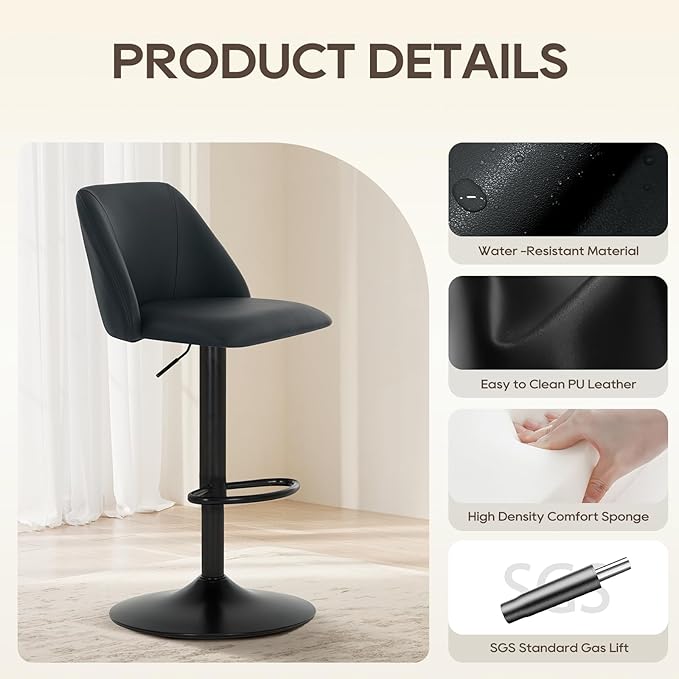 COLAMY Bar Stools Set of 2, Modern Swivel Bar Chairs, Adjustable PU Leather U...