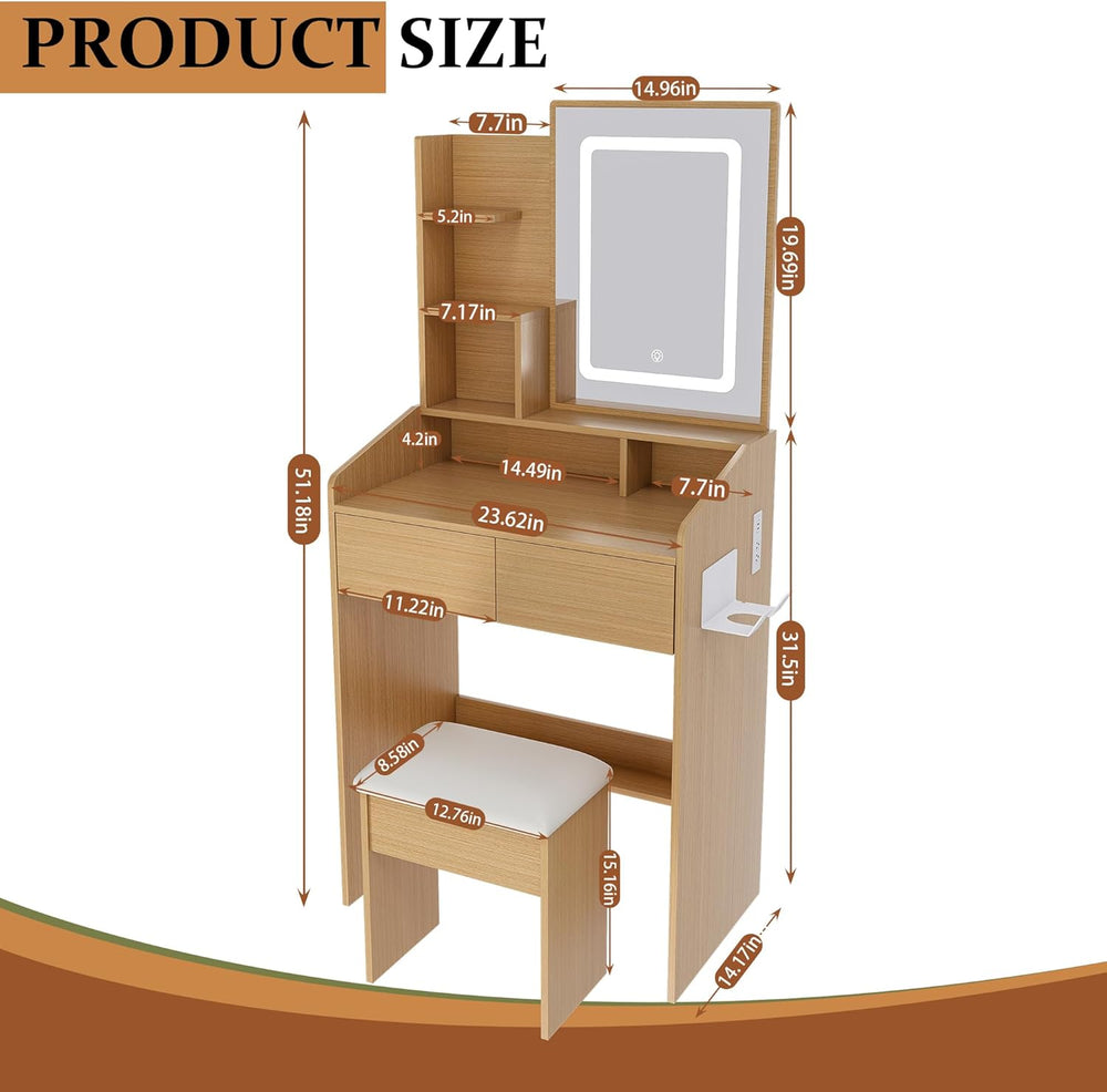 Small Makeup Vanity Desk with Light and Mirror,23.6" Compact Make up Dre...