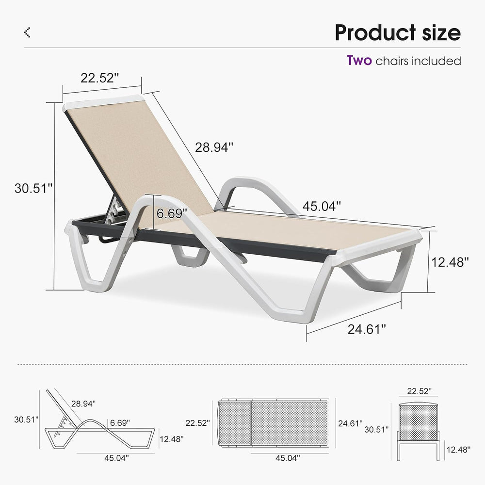 PURPLE LEAF Outdoor Chaise Lounge Set of 2 w/Armrest for Poolside, Khaki | Re...