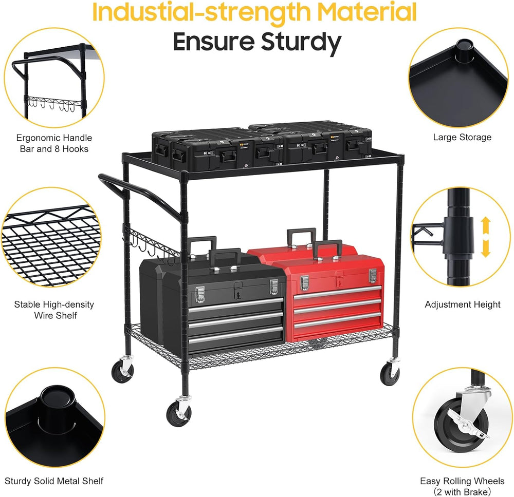 WDT 2-Tier Utility Cart with Wheels, Metal Cart with 1000LBS Capacity, NSF He...
