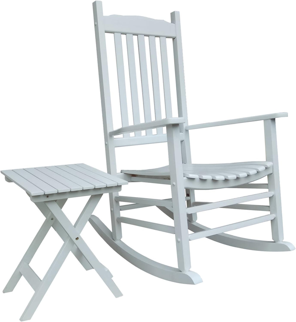 Rocking Rocker - S001WT White Wood Porch Rocker with Side Table - Set of 2