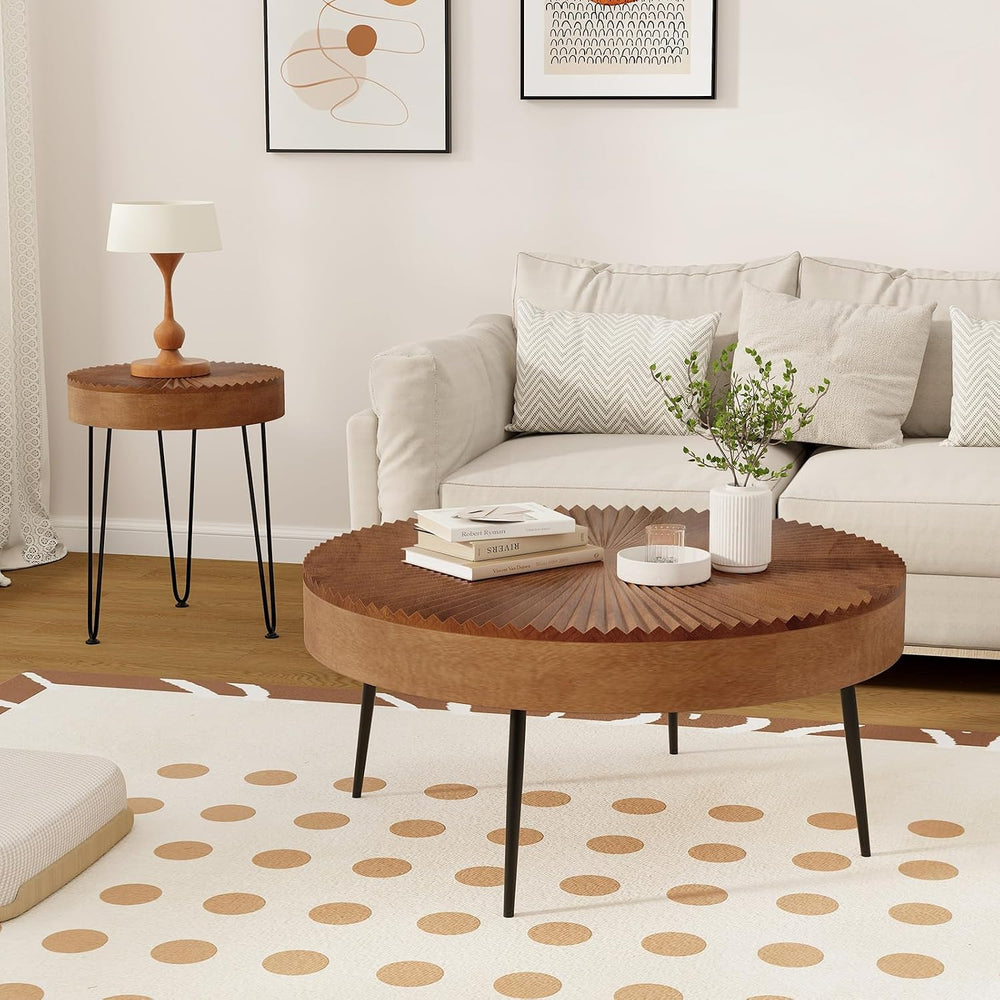 COSTWAY Farmhouse Round Coffee Table Set of 2, Rustic Sofa Side Tea Tables w/...