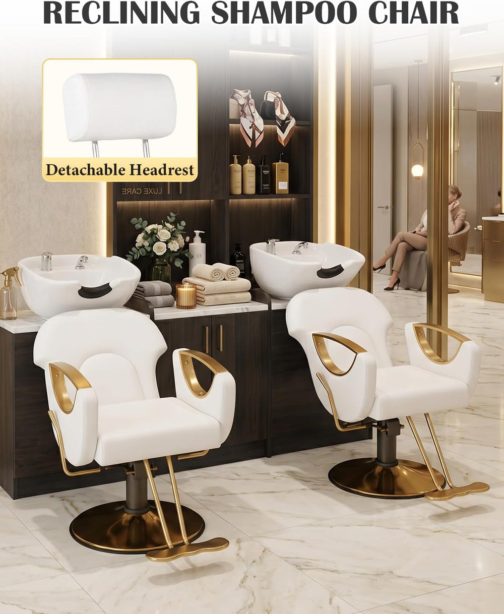 Salon Barber Chair for Hair Stylist, White Styling Chair with HeightโAdjustab...