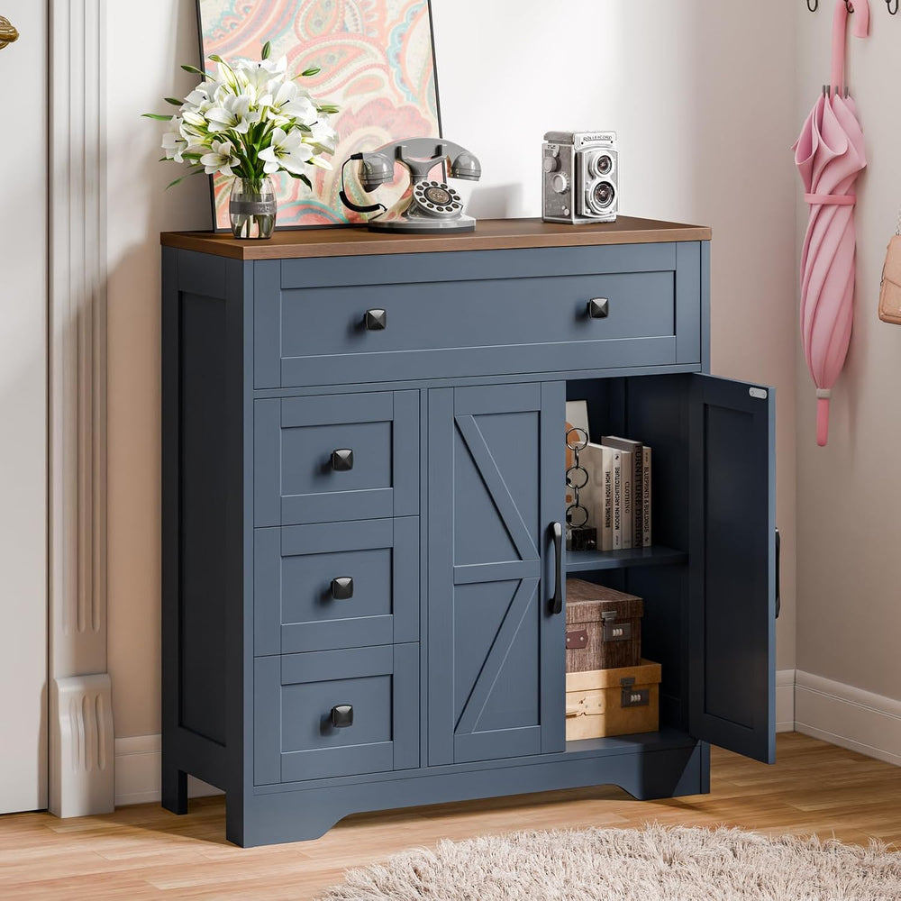 Vabches Farmhouse Storage Cabinet with 2 Doors and 4 Drawers, Blue