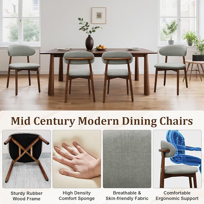 Farmhouse Dining Chairs Set of 4, Mid Century Modern Fabric Upholstered Kitch...