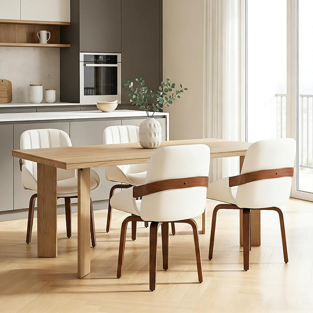 Swivel White Dining Chairs Set of 4, Mid Century Modern Faux Leather Dining R...
