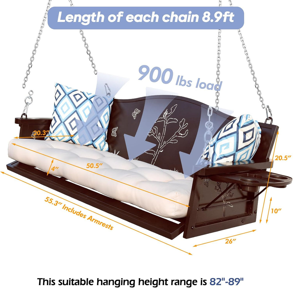 3-Seat Metal Porch Swing 900 LBS Heavy Duty Hanging Bench with Upgraded Tray ...