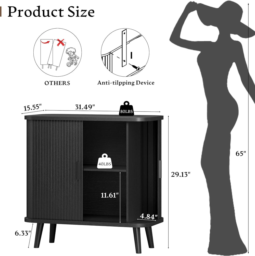 Xixini Fluted Sideboard Buffet Cabinet with Sliding Doors, 31.5", Black