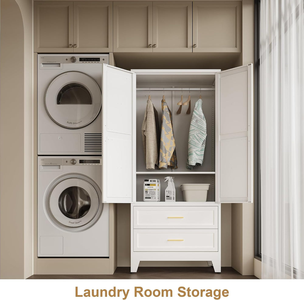 QINPTWUT 71" Tall Metal Wardrobe with Doors, Hanging Rod & Adjustabl...